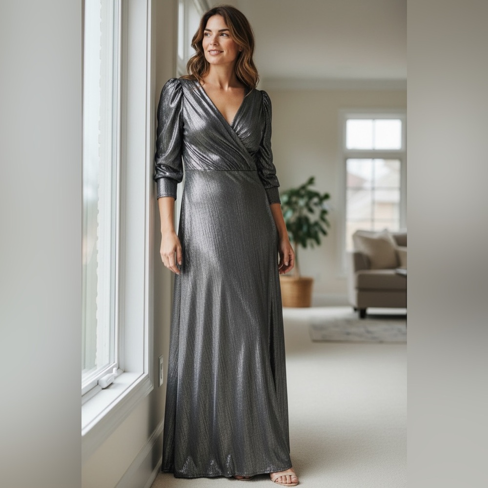 Women long sleeve grey metallic maxi dress with size 38 EU new party formal